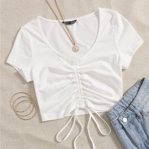 SHEIN EZwear Solid Drawstring Ruched Tee White